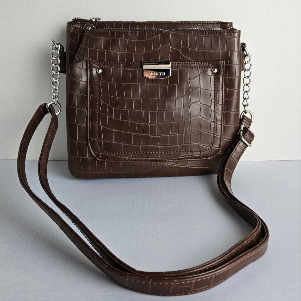 Rosetti Brown Crocodile Embossed Crossbody Bag Multi Pocket Organizer Purse